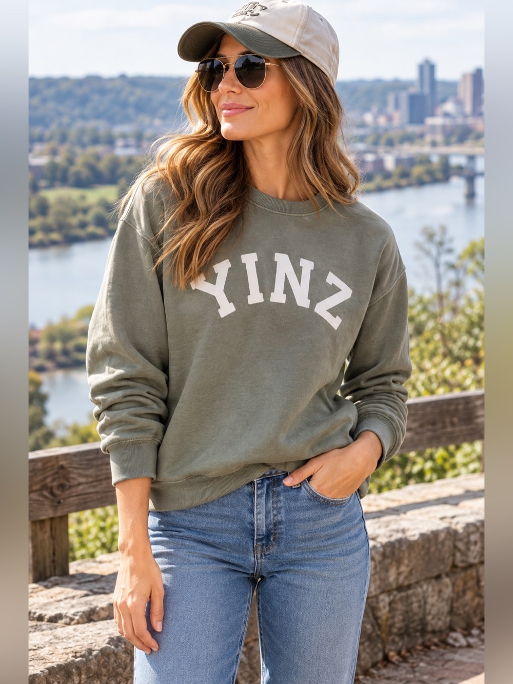 U.S. Vintage style YINZ Graphic Sweatshirt Sage Green Size S